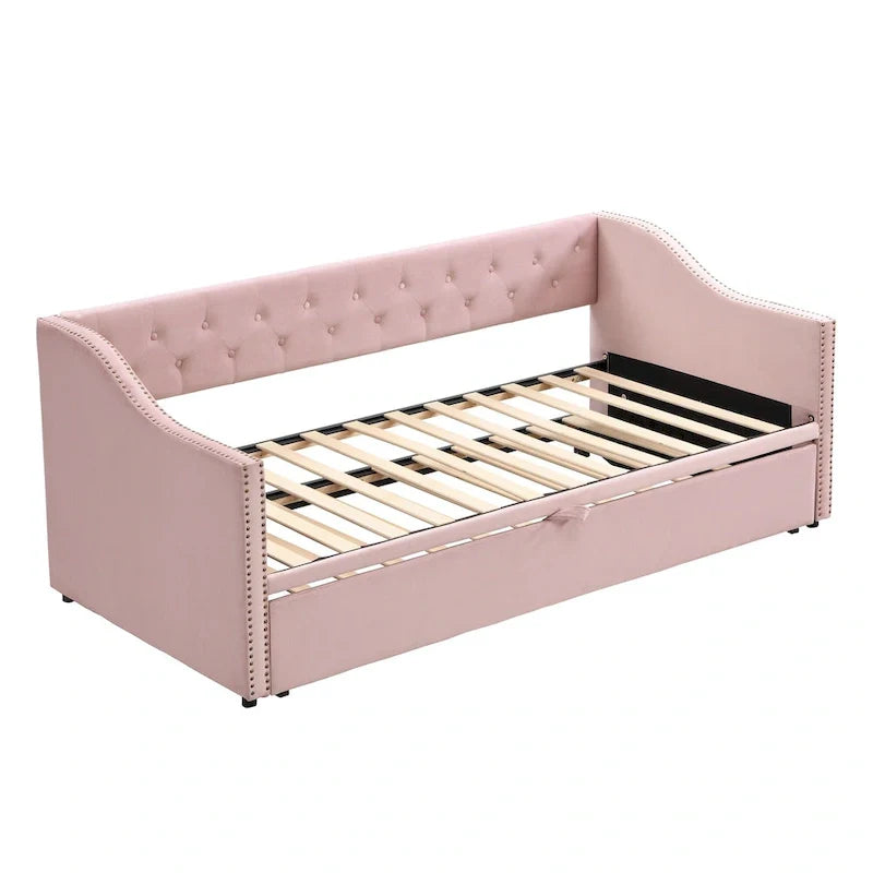 Upholstered Daybed with Trundle Bed and Tufted Backrest 26