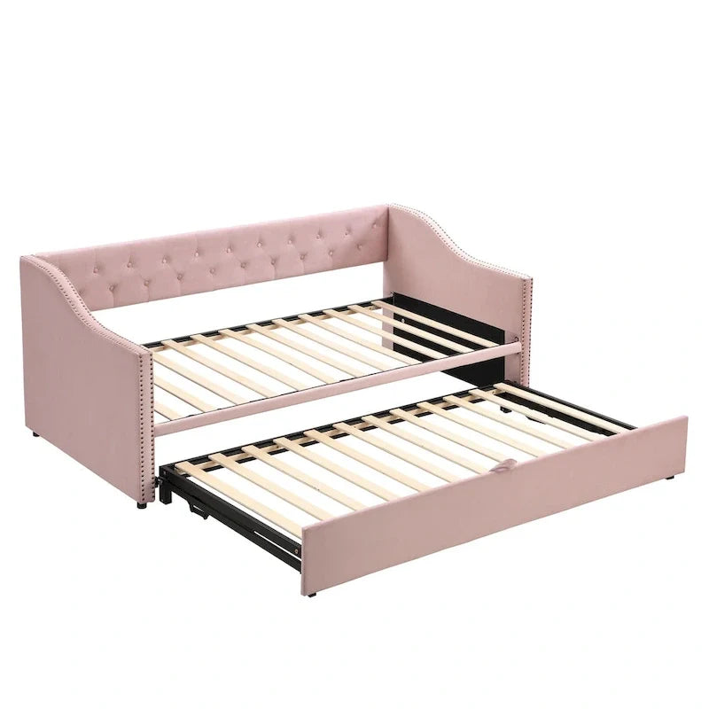 Upholstered Daybed with Trundle Bed and Tufted Backrest 27