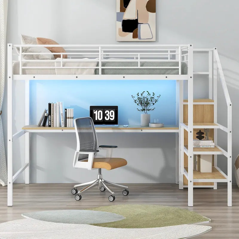 Complete Loft Bed Set with Desk, Storage Staircase, Compact Wardrobe, and LED Lighting 31
