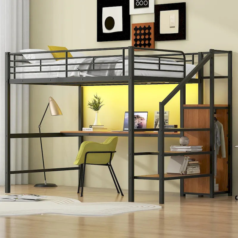 Complete Loft Bed Set with Desk, Storage Staircase, Compact Wardrobe, and LED Lighting 1