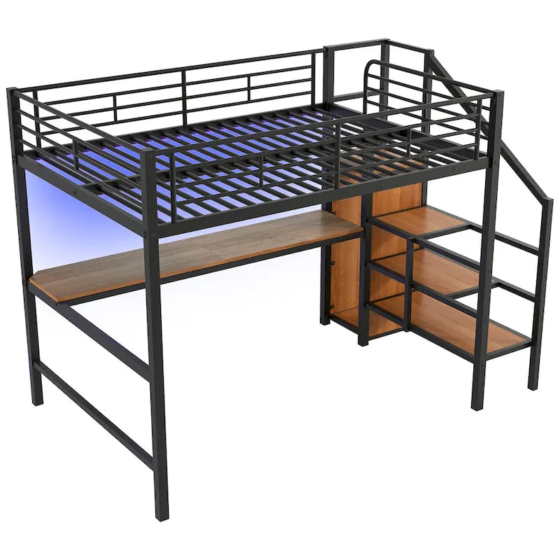 Complete Loft Bed Set with Desk, Storage Staircase, Compact Wardrobe, and LED Lighting 2