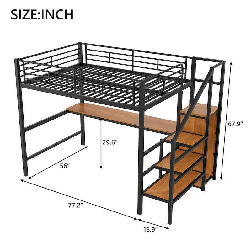 Complete Loft Bed Set with Desk, Storage Staircase, Compact Wardrobe, and LED Lighting 3