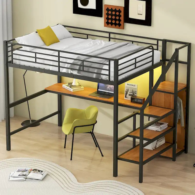 Complete Loft Bed Set with Desk, Storage Staircase, Compact Wardrobe, and LED Lighting 4