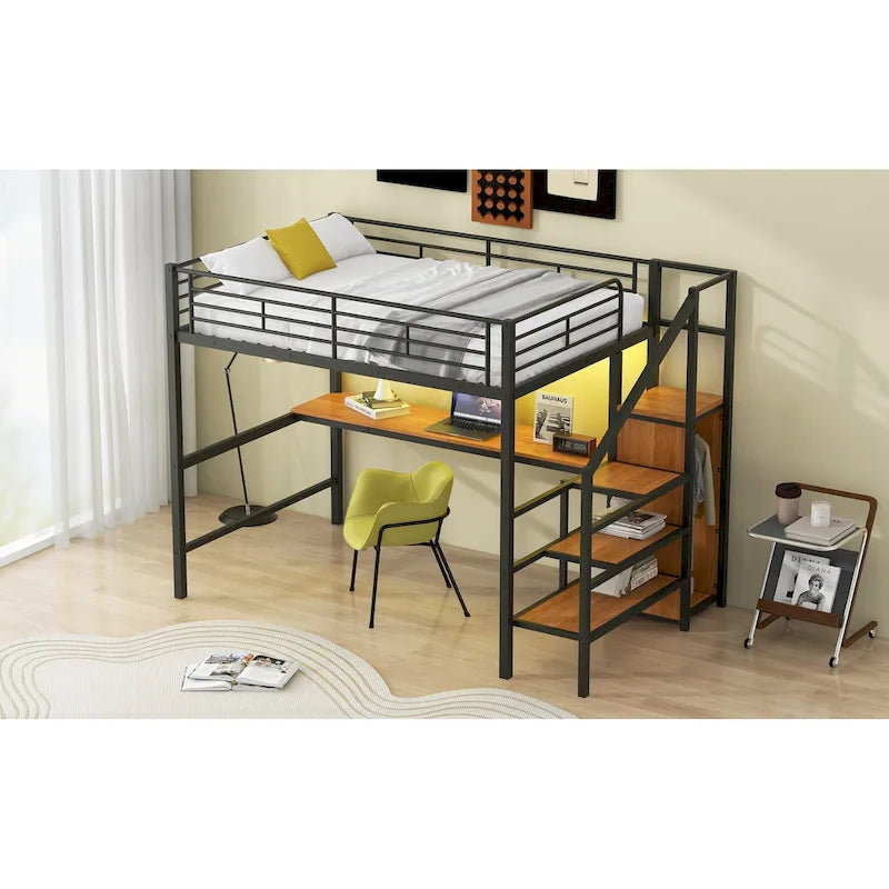 Complete Loft Bed Set with Desk, Storage Staircase, Compact Wardrobe, and LED Lighting 5