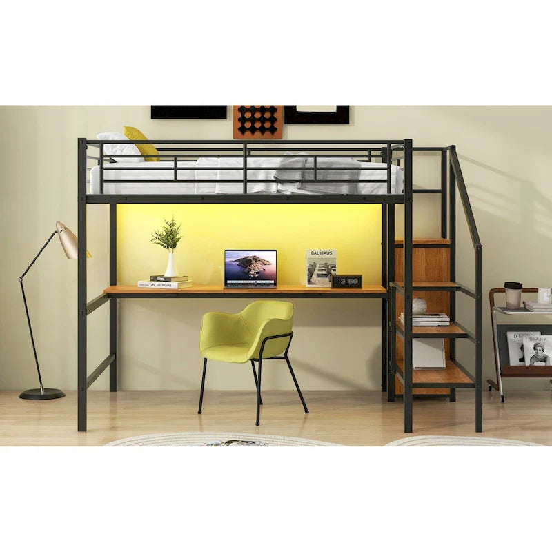 Complete Loft Bed Set with Desk, Storage Staircase, Compact Wardrobe, and LED Lighting 6