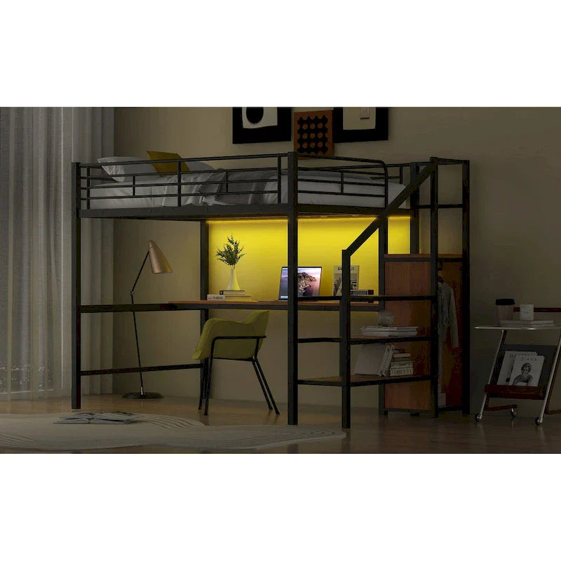 Complete Loft Bed Set with Desk, Storage Staircase, Compact Wardrobe, and LED Lighting 7