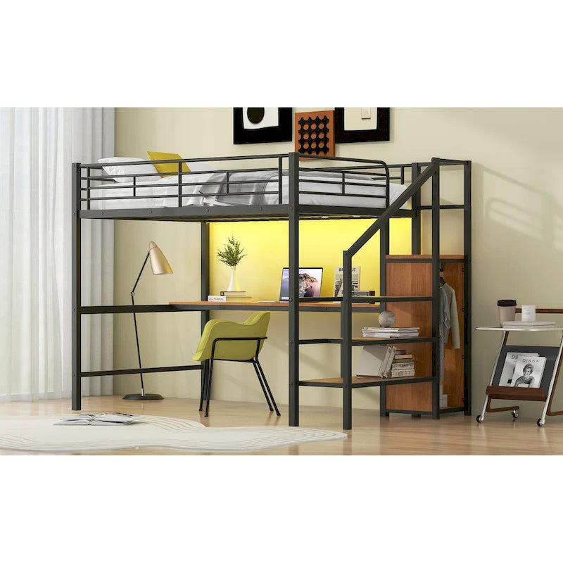 Complete Loft Bed Set with Desk, Storage Staircase, Compact Wardrobe, and LED Lighting 8