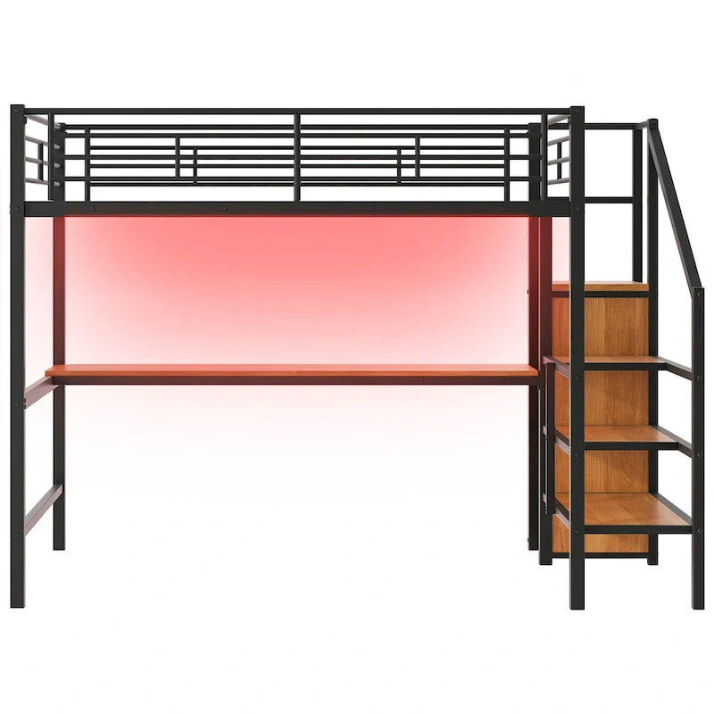 Complete Loft Bed Set with Desk, Storage Staircase, Compact Wardrobe, and LED Lighting 13