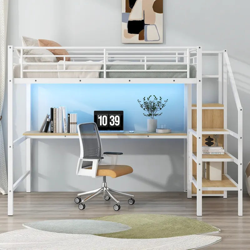 Complete Loft Bed Set with Desk, Storage Staircase, Compact Wardrobe, and LED Lighting 14