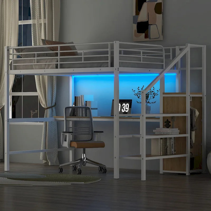Complete Loft Bed Set with Desk, Storage Staircase, Compact Wardrobe, and LED Lighting 15
