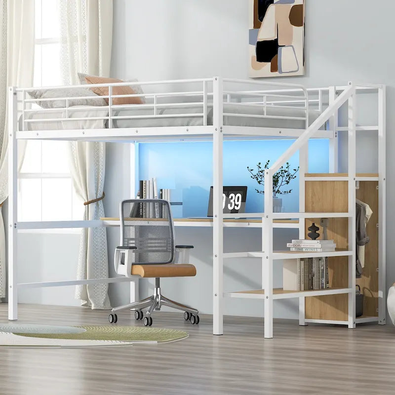 Complete Loft Bed Set with Desk, Storage Staircase, Compact Wardrobe, and LED Lighting 16