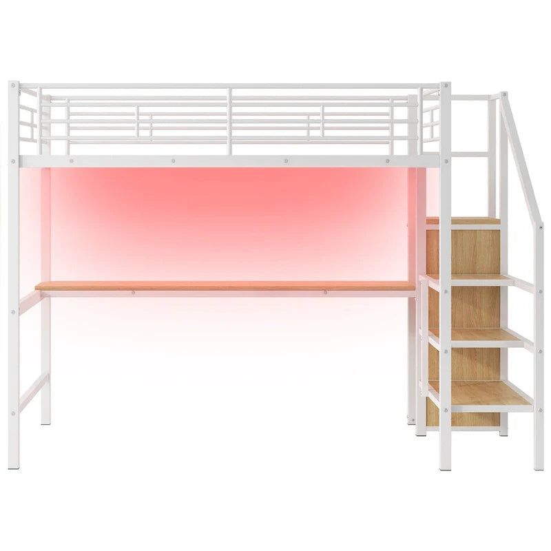 Complete Loft Bed Set with Desk, Storage Staircase, Compact Wardrobe, and LED Lighting 17