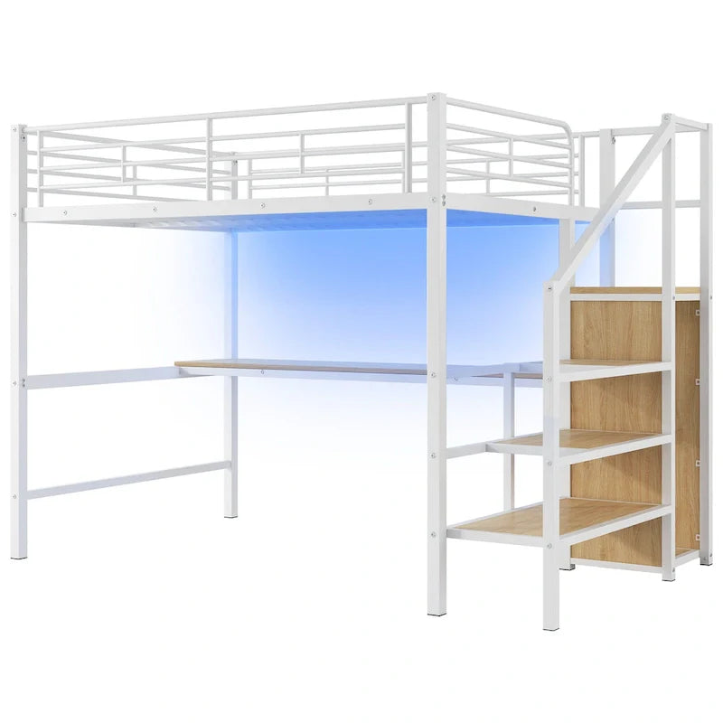 Complete Loft Bed Set with Desk, Storage Staircase, Compact Wardrobe, and LED Lighting 18