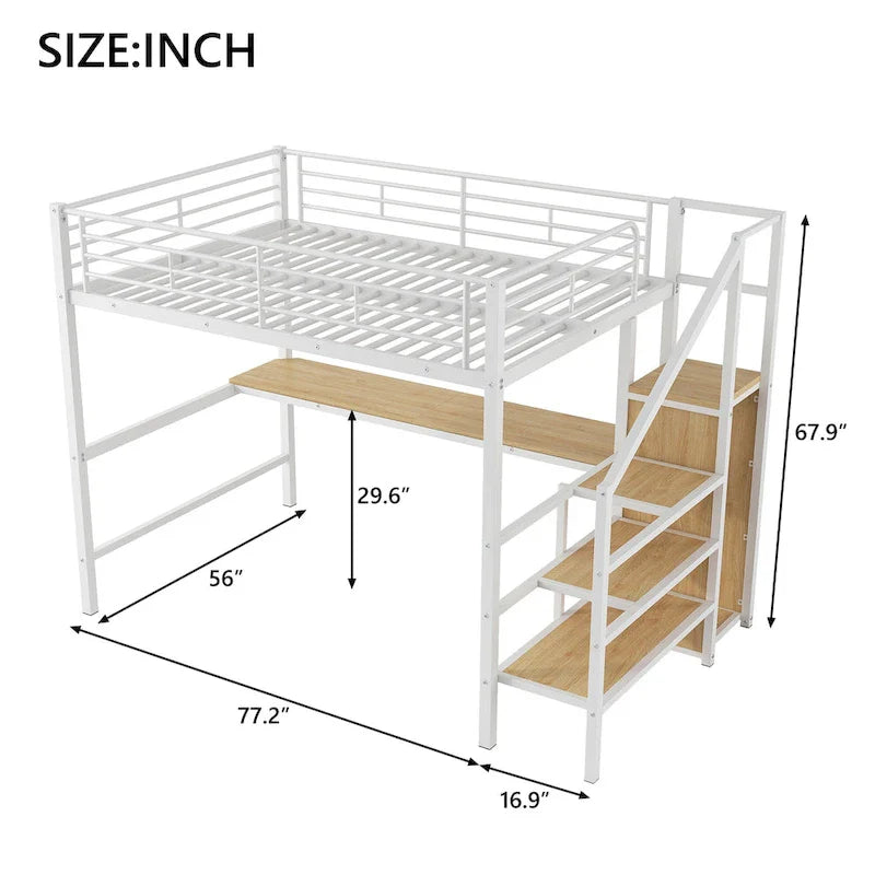 Complete Loft Bed Set with Desk, Storage Staircase, Compact Wardrobe, and LED Lighting 19