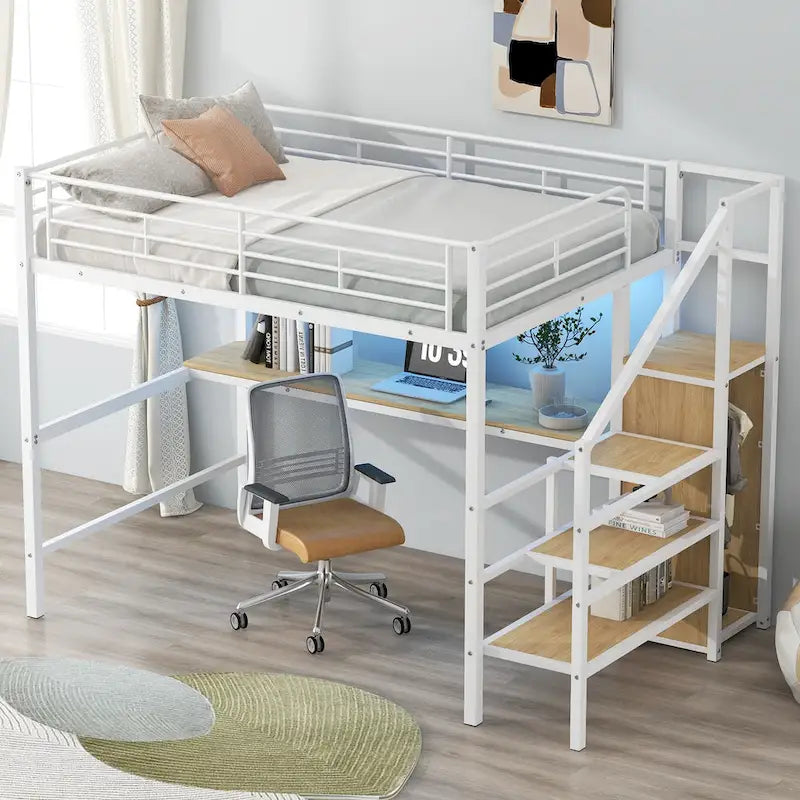 Complete Loft Bed Set with Desk, Storage Staircase, Compact Wardrobe, and LED Lighting 20