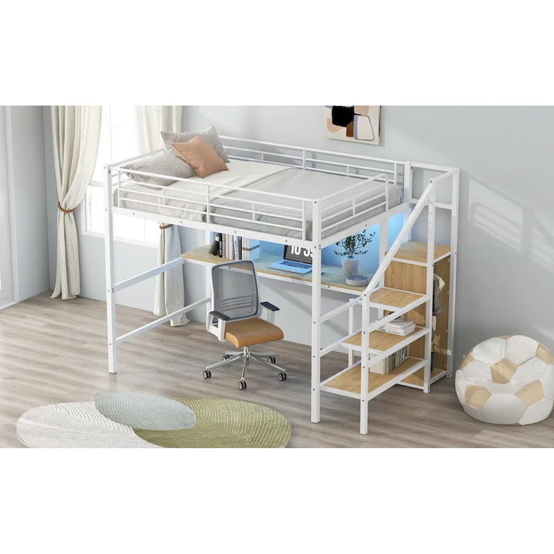 Complete Loft Bed Set with Desk, Storage Staircase, Compact Wardrobe, and LED Lighting 21