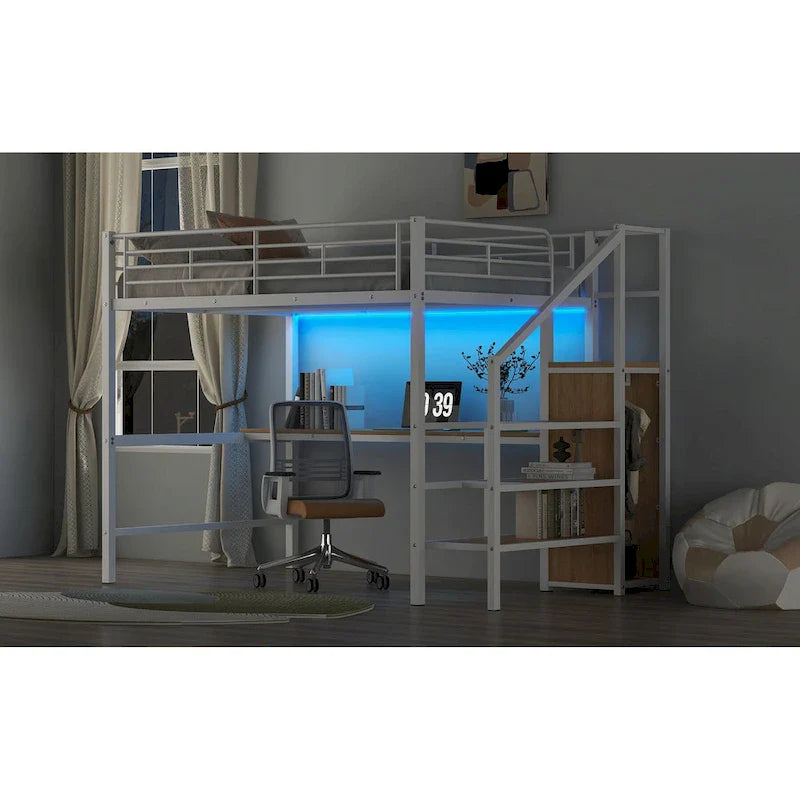 Complete Loft Bed Set with Desk, Storage Staircase, Compact Wardrobe, and LED Lighting 22