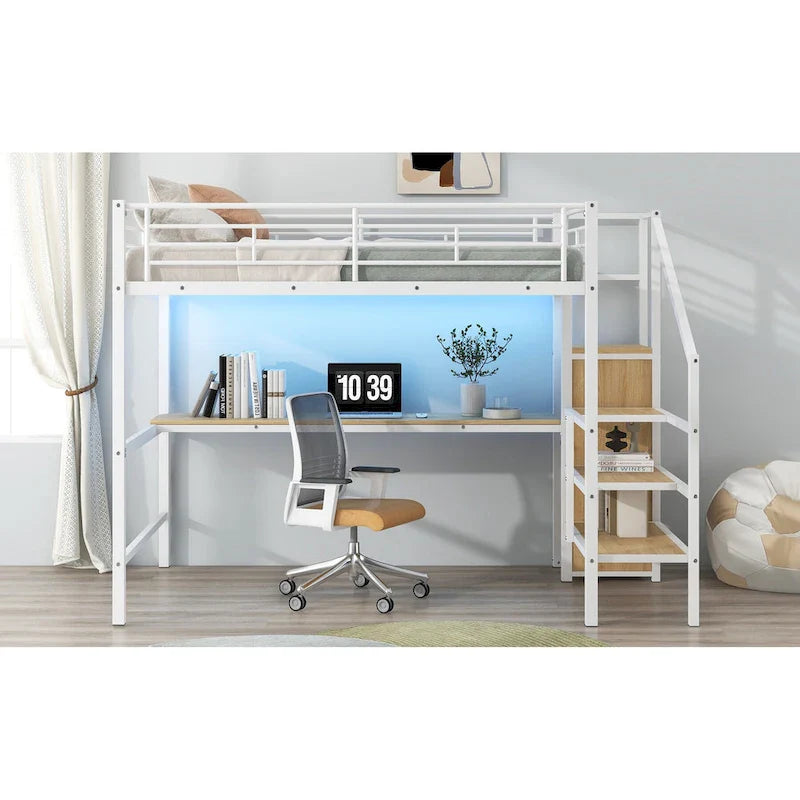 Complete Loft Bed Set with Desk, Storage Staircase, Compact Wardrobe, and LED Lighting 23