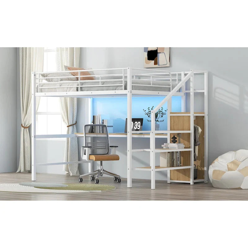 Complete Loft Bed Set with Desk, Storage Staircase, Compact Wardrobe, and LED Lighting 24