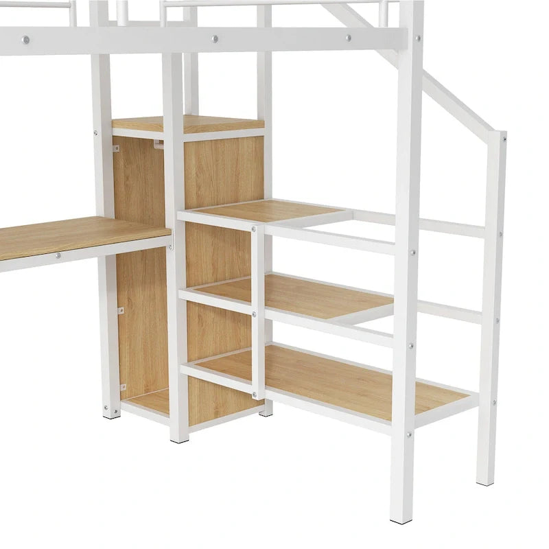 Complete Loft Bed Set with Desk, Storage Staircase, Compact Wardrobe, and LED Lighting 26