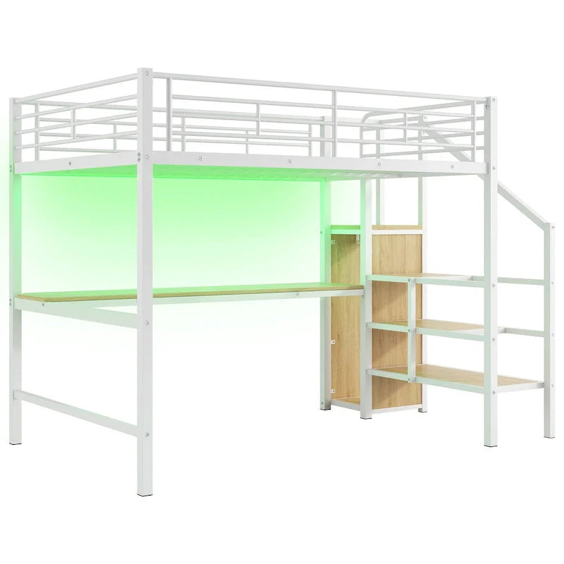 Complete Loft Bed Set with Desk, Storage Staircase, Compact Wardrobe, and LED Lighting 27
