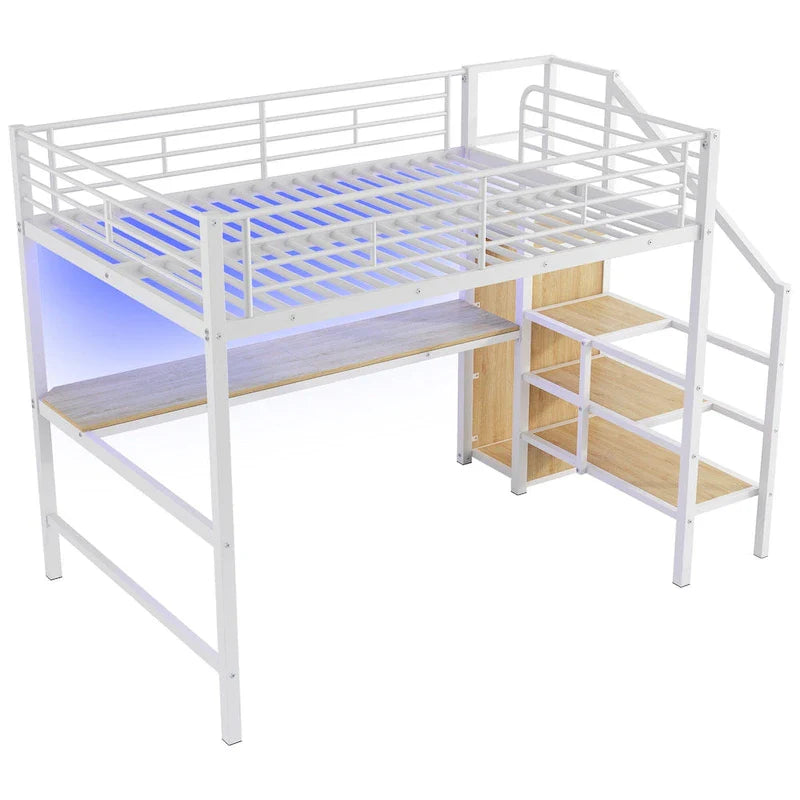 Complete Loft Bed Set with Desk, Storage Staircase, Compact Wardrobe, and LED Lighting 28