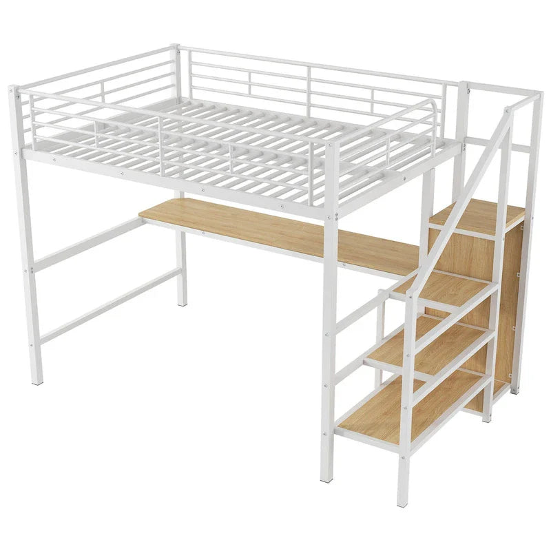 Complete Loft Bed Set with Desk, Storage Staircase, Compact Wardrobe, and LED Lighting 30