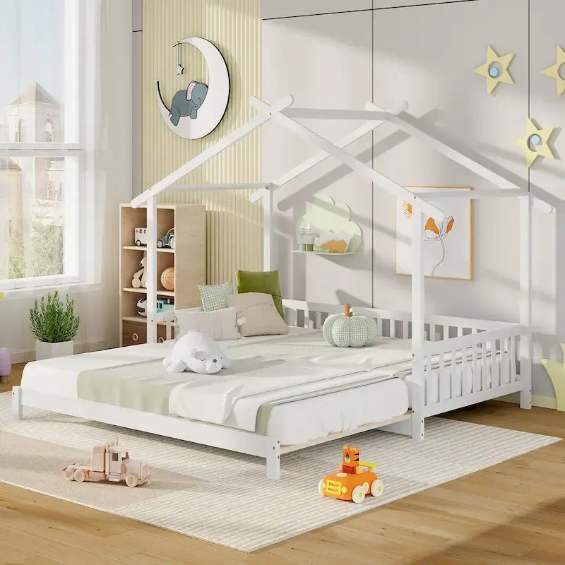 Gymax Twin to King Wooden House Bed Daybed with Safety Rails & Customizable Design 31