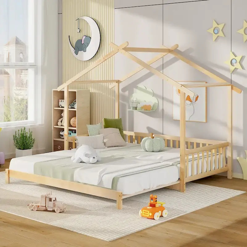 Gymax Twin to King Wooden House Bed Daybed with Safety Rails & Customizable Design 32