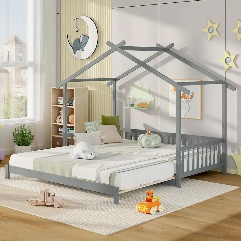 Gymax Twin to King Wooden House Bed Daybed with Safety Rails & Customizable Design 1