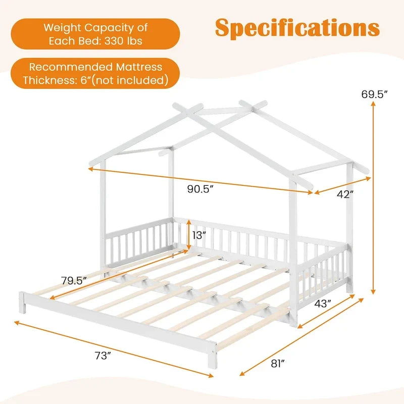 Gymax Twin to King Wooden House Bed Daybed with Safety Rails & Customizable Design 5