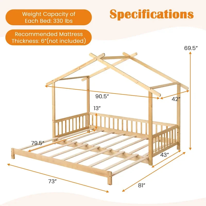 Gymax Twin to King Wooden House Bed Daybed with Safety Rails & Customizable Design 14