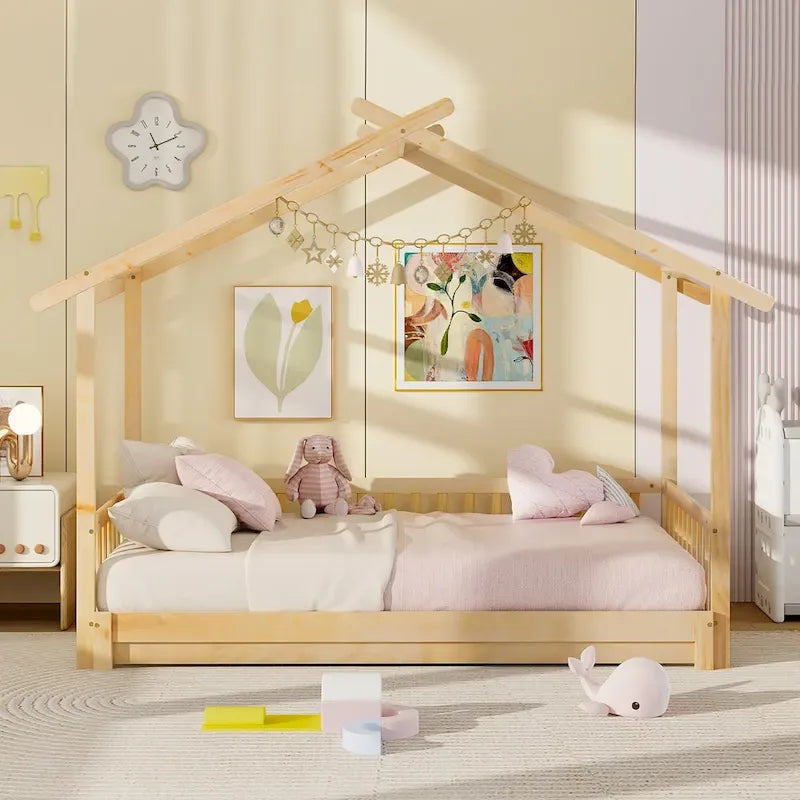 Gymax Twin to King Wooden House Bed Daybed with Safety Rails & Customizable Design 15