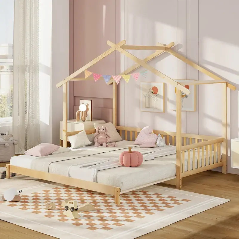 Gymax Twin to King Wooden House Bed Daybed with Safety Rails & Customizable Design 16