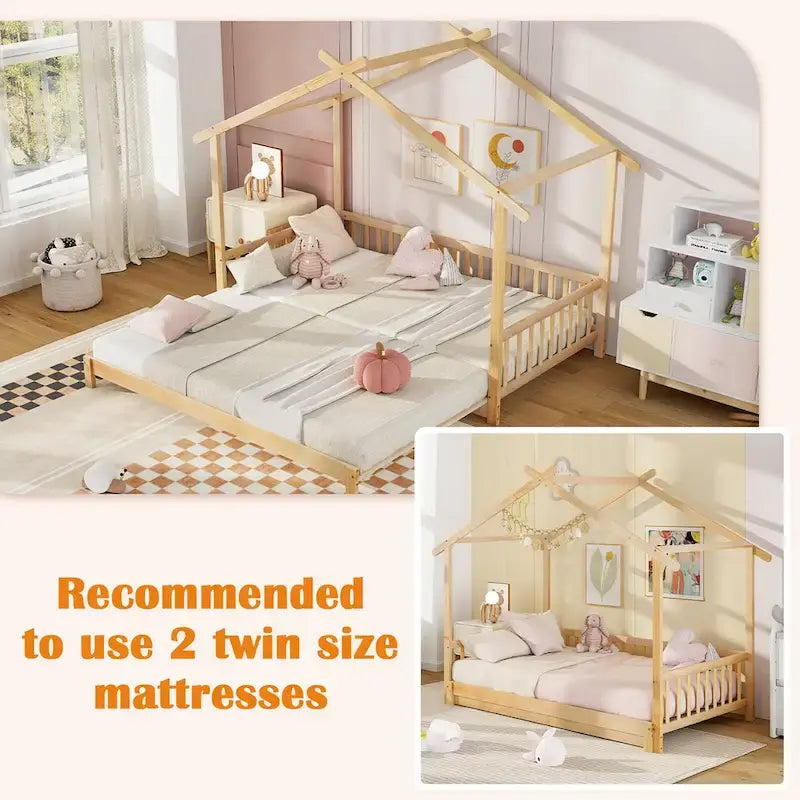 Gymax Twin to King Wooden House Bed Daybed with Safety Rails & Customizable Design 17