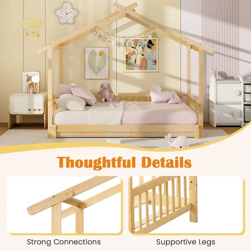 Gymax Twin to King Wooden House Bed Daybed with Safety Rails & Customizable Design 19