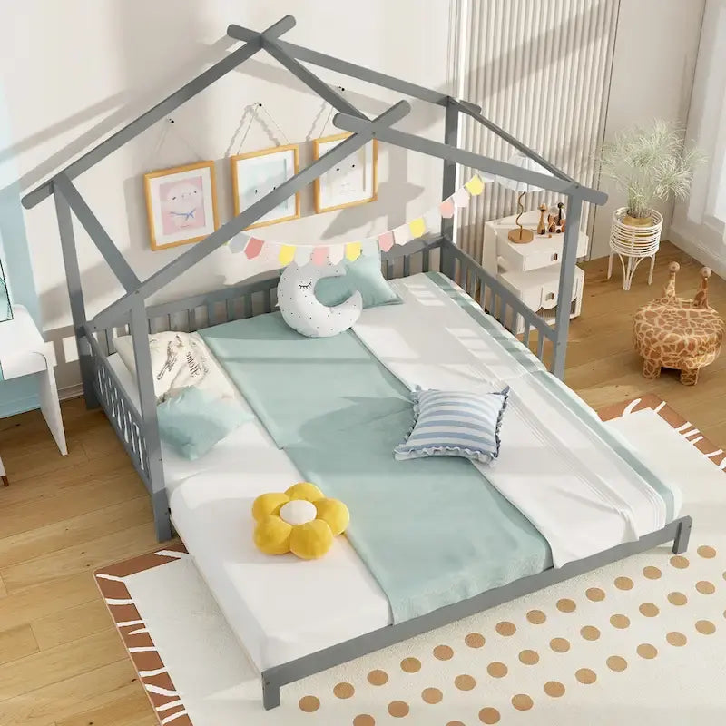Gymax Twin to King Wooden House Bed Daybed with Safety Rails & Customizable Design 22
