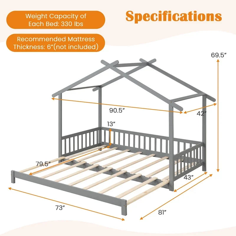 Gymax Twin to King Wooden House Bed Daybed with Safety Rails & Customizable Design 23