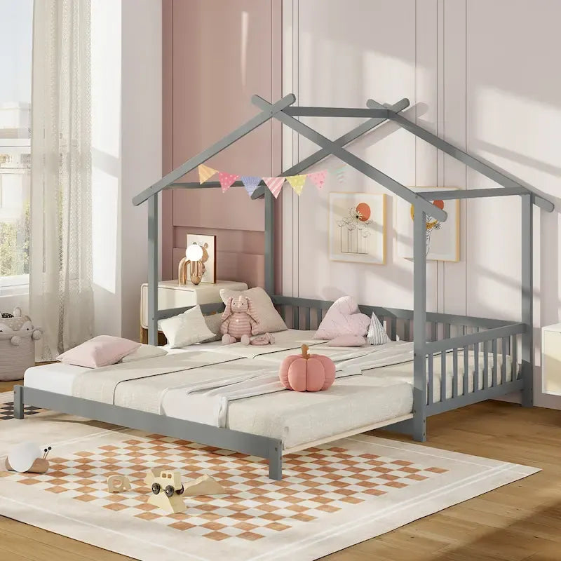 Gymax Twin to King Wooden House Bed Daybed with Safety Rails & Customizable Design 25