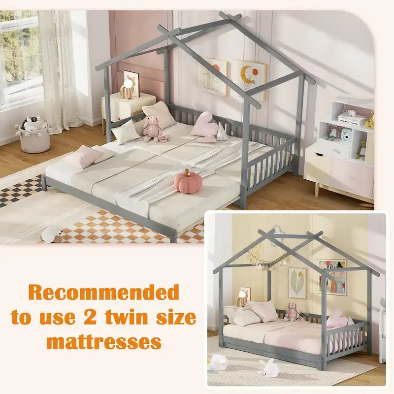 Gymax Twin to King Wooden House Bed Daybed with Safety Rails & Customizable Design 28