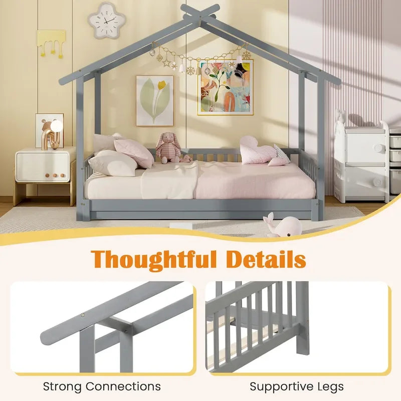 Gymax Twin to King Wooden House Bed Daybed with Safety Rails & Customizable Design 29