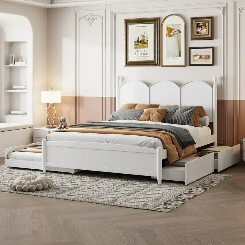Queen Size Platform Bed with Vintage Headboard - Multifunctional Storage Frame Featuring Twin XL Trundle & 2 Drawers