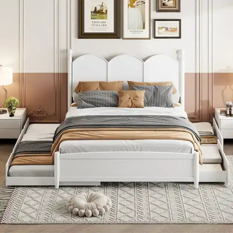 Queen Size Platform Bed with Vintage Headboard - Multifunctional Storage Frame Featuring Twin XL Trundle & 2 Drawers