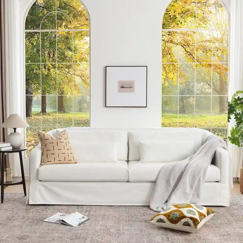 KINWELL 90W Linen Slipcovered 3-Seater Sofa with Skirt and 4 Pillows 1