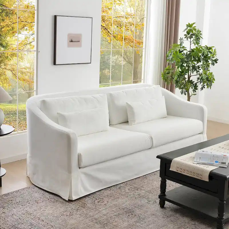 KINWELL 90W Linen Slipcovered 3-Seater Sofa with Skirt and 4 Pillows 2