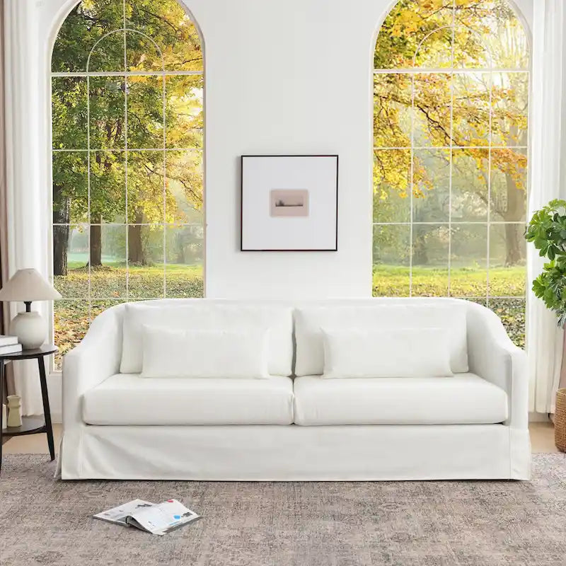 KINWELL 90W Linen Slipcovered 3-Seater Sofa with Skirt and 4 Pillows 5