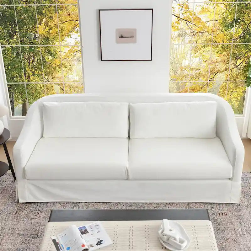 KINWELL 90W Linen Slipcovered 3-Seater Sofa with Skirt and 4 Pillows 6