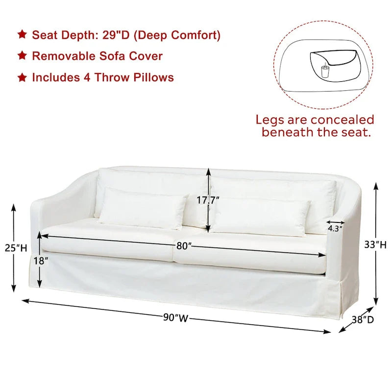 KINWELL 90W Linen Slipcovered 3-Seater Sofa with Skirt and 4 Pillows 11