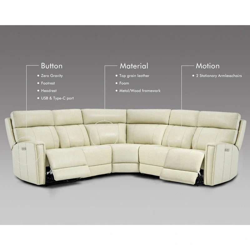 104" 3-Color Genuine Leather Power Reclining Sectional Sofa with Zero Gravity Feature, USB & USB-C Ports, and 2 Stationary Armless Chairs 2