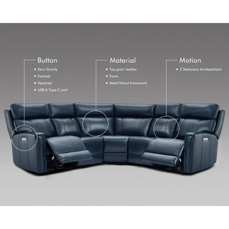 104" 3-Color Genuine Leather Power Reclining Sectional Sofa with Zero Gravity Feature, USB & USB-C Ports, and 2 Stationary Armless Chairs 5